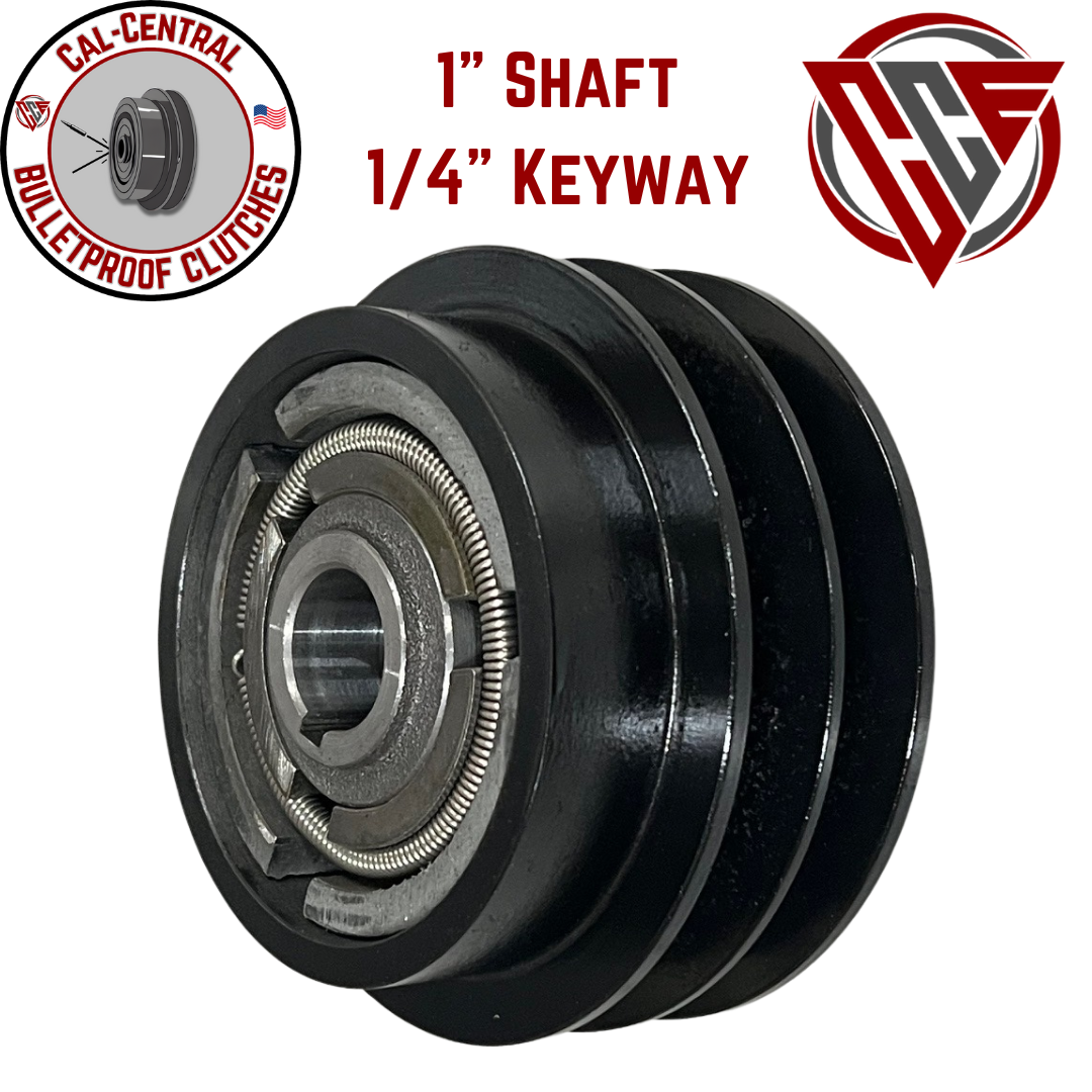 Black heavy-duty centrifugal clutch with dual 5-inch pulleys and 1-inch bore, compatible with Honda GX270/GX390 and similar engines