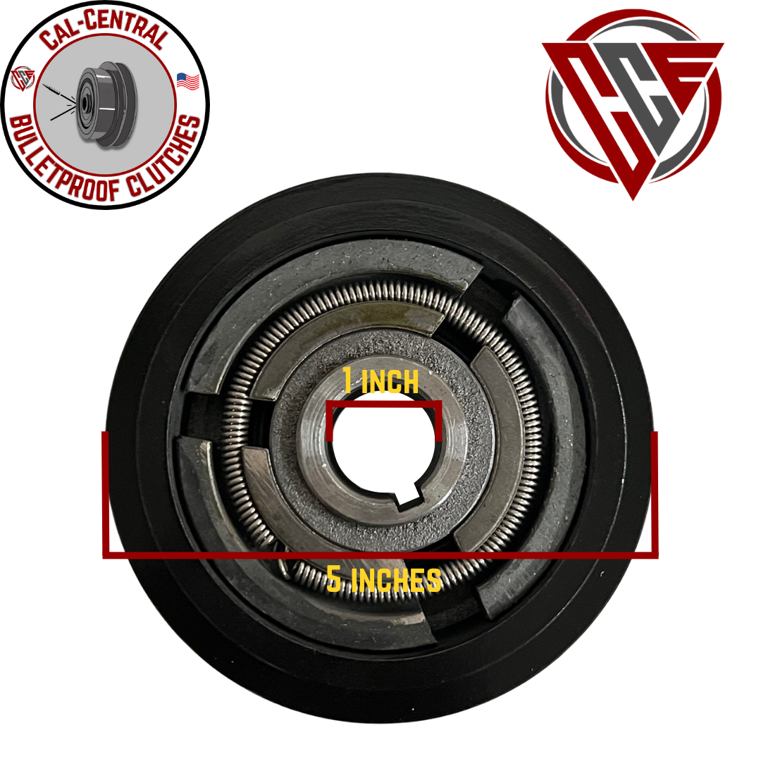 Black heavy-duty centrifugal clutch with dual 5-inch pulleys and 1-inch bore, compatible with Honda GX270/GX390 and similar engines
