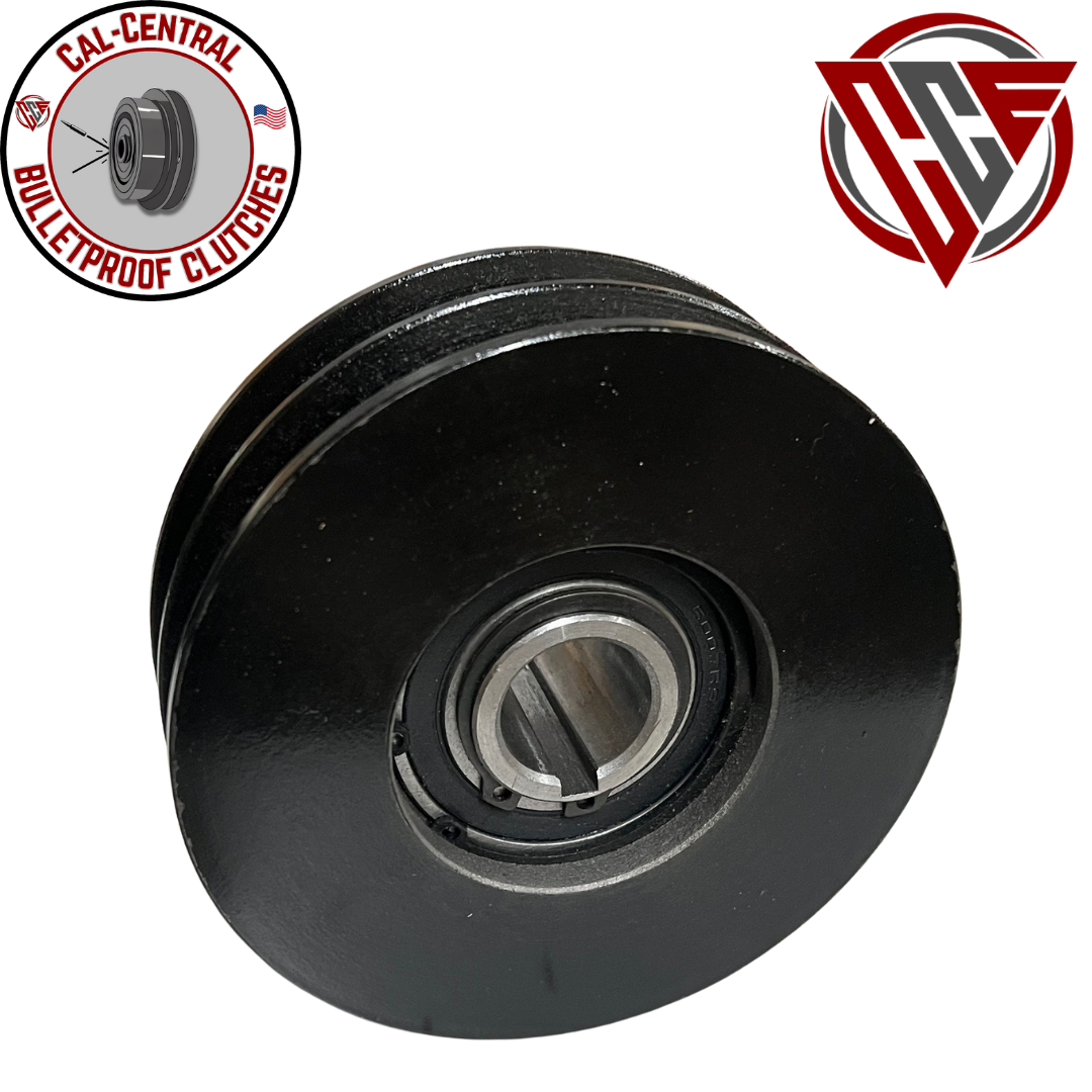 Black heavy-duty centrifugal clutch with dual 5-inch pulleys and 1-inch bore, compatible with Honda GX270/GX390 and similar engines