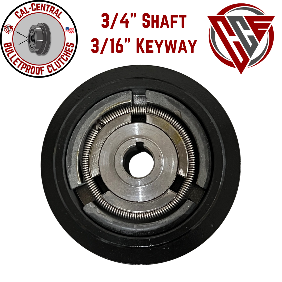 Heavy duty dual-pulley centrifugal clutch with 5-inch diameter and 3/4-inch bore for 1/2-inch V-belts, compatible with GX160 and GX200 engines.