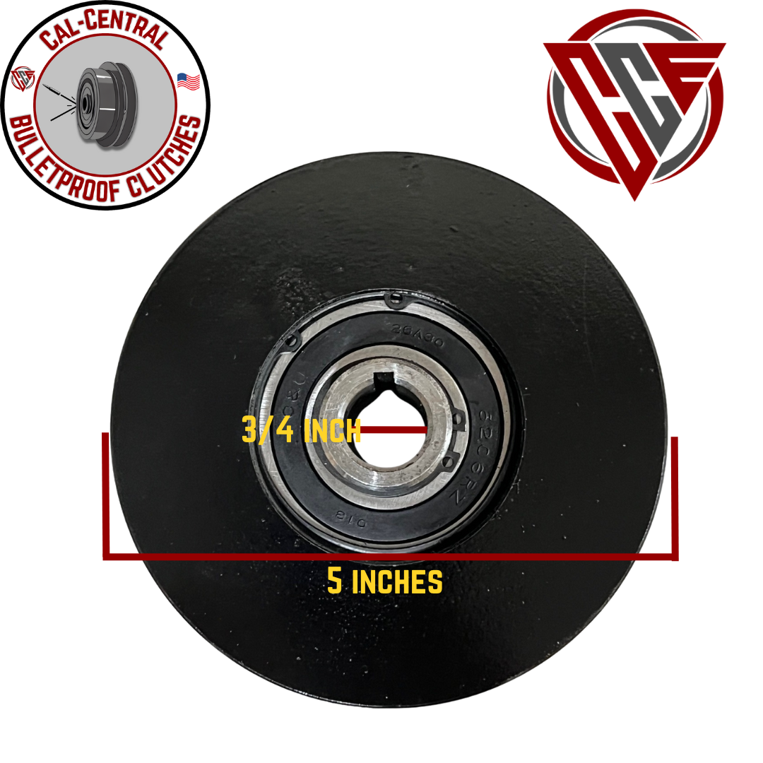 Heavy duty dual-pulley centrifugal clutch with 5-inch diameter and 3/4-inch bore for 1/2-inch V-belts, compatible with GX160 and GX200 engines.