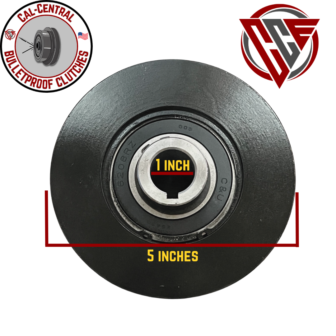 5-inch cast iron centrifugal clutch with 5/8-inch V-belt groove and 1-inch bore, compatible with GX270 and GX390 engines for heavy-duty use