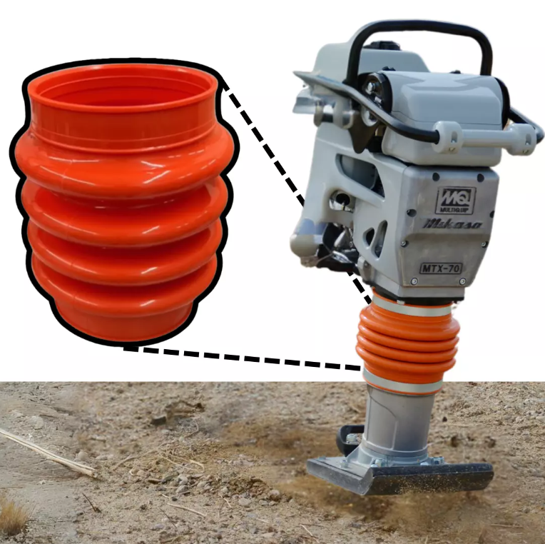 Bright orange replacement bellows boot for Multiquip Mikasa MTX70, MTX80, MT70, MT75, and MT85 rammers – part number 354010010, heavy-duty rubber.