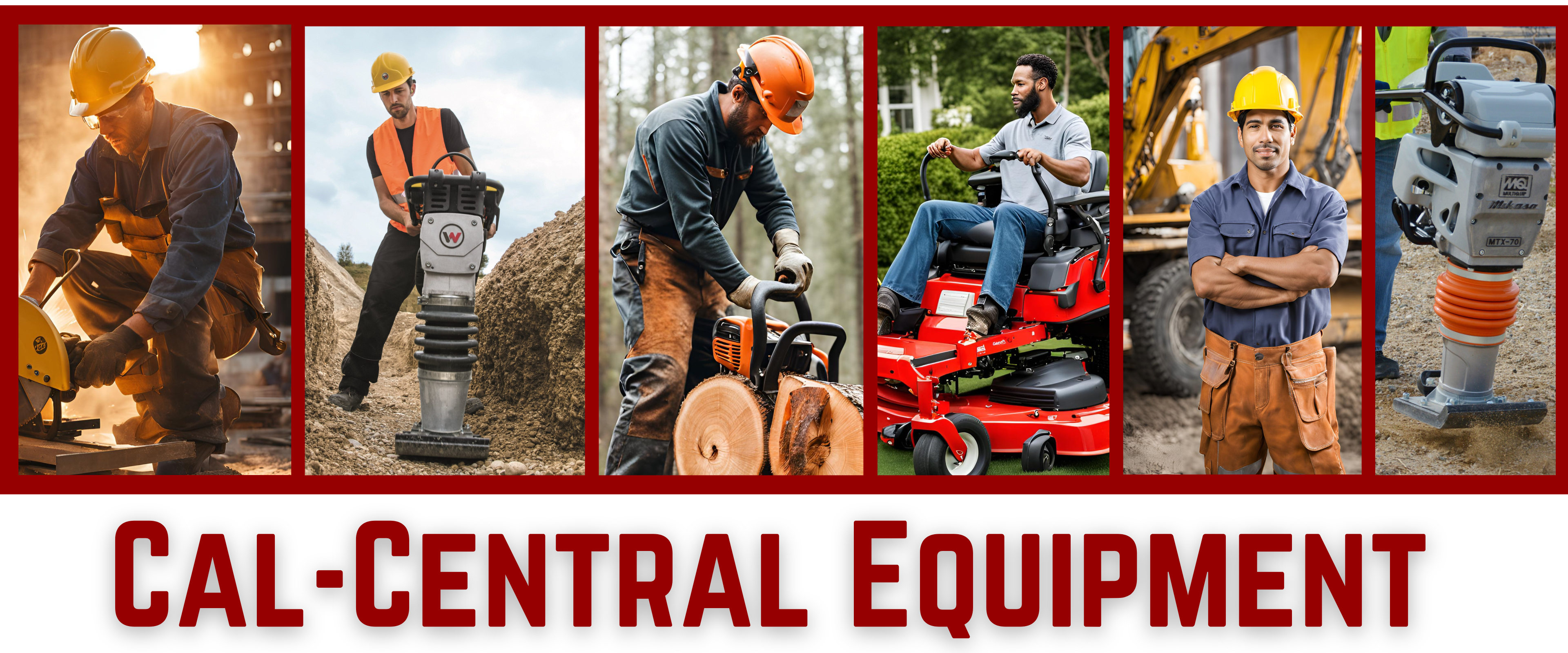 Collage of contractors and landscapers using professional equipment including cutoff saws, plate compactors, chainsaws, zero-turn mowers, and rammers in active jobsite environments.