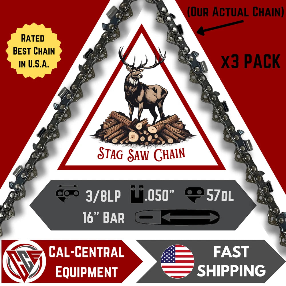 3-Pack 16" Chainsaw chain, 3/8" LP.050"Gauge 57 DL Fits Echo 91PX57CQ/91VG57CQ