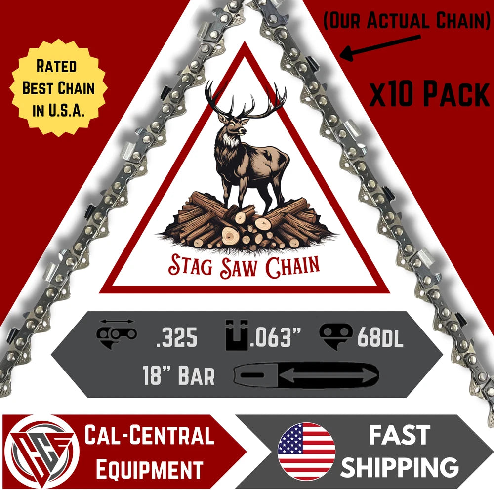 10 Pack 18" STAG Chainsaw Chain .325 pitch FULL CHISEL .063 Gauge 68 DL drive