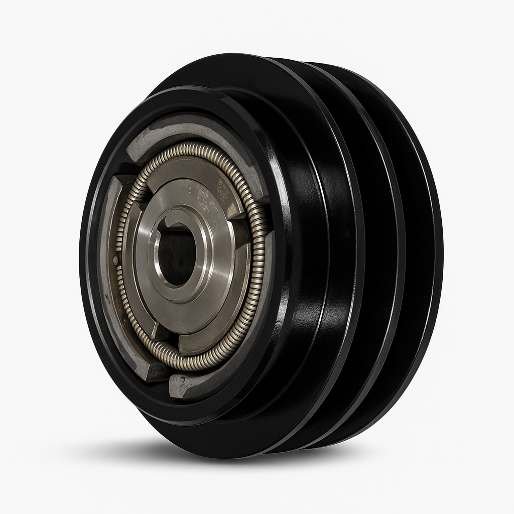 Heavy duty dual-pulley centrifugal clutch with 5-inch diameter and 3/4-inch bore for 1/2-inch V-belts, compatible with GX160 and GX200 engines.