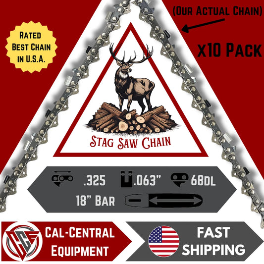 10 Pack 18" STAG Chainsaw Chain .325 pitch FULL CHISEL .063 Gauge 68 DL drive